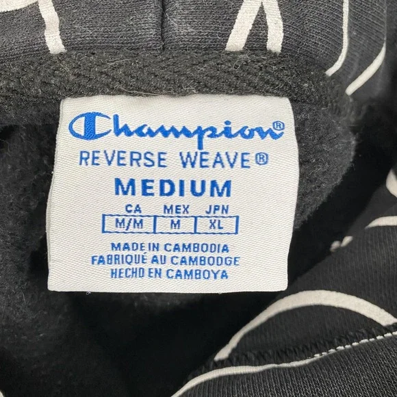 Champion Reverse Weave Hoodie Mens Medium Black All Over Pullover Sweatshirt - Picture 2 of 12